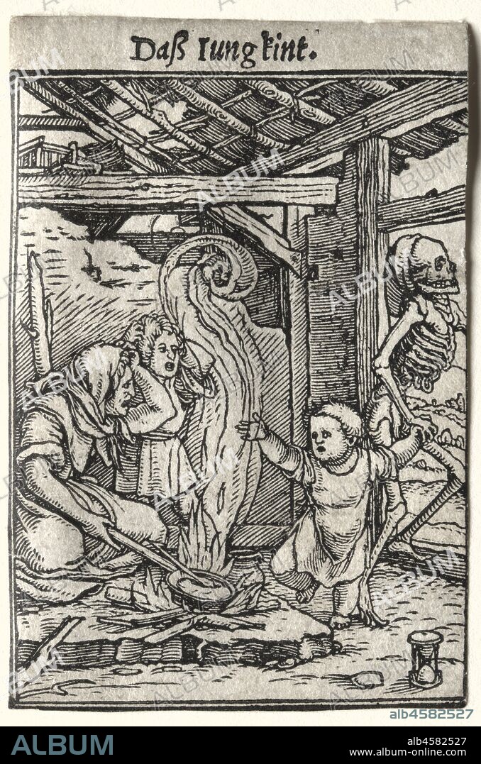 Dance of Death: The Child, c. 1526. Dance of Death is the most celebrated series of woodcuts designed by Holbein. The forty-one blocks were cut by Hans Lützelburger in the years immediately before his death in 1526, though the set was not published until 1538. Dance of Death originated as a drama in the middle of the 14th century. Following widespread epidemics such as the black plague, these plays took place in a cemetery or churchyard. Actors, dressed in pale costumes painted to resemble skeletons, personified Death and summoned a group of people from all social classes in a dancelike procession. In a period when the life span was short, the purpose of the Dance of Death was to remind the populace to prepare for the Last Judgement.