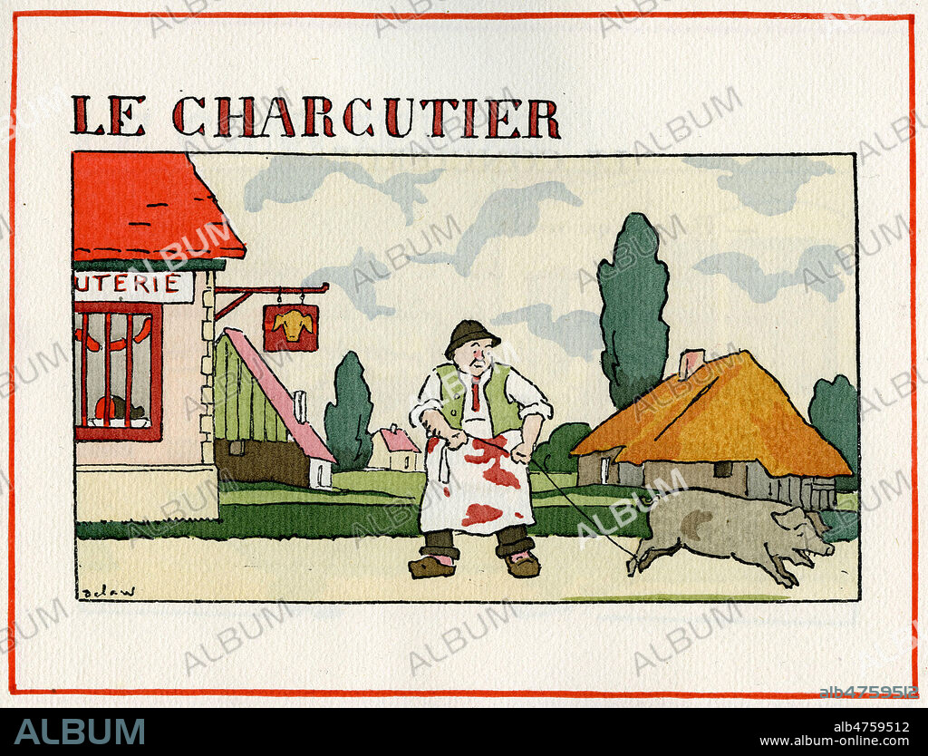 'Le charcutier' : retour des habitants dans leur village a la fin de la 1ere guerre mondiale. Illustration par Georges DELAW (1871-1938) pour le recueil 'Le retour au foyer', publie vers 1918. Credit : Collection IM/KHARBINE-TAPABOR.