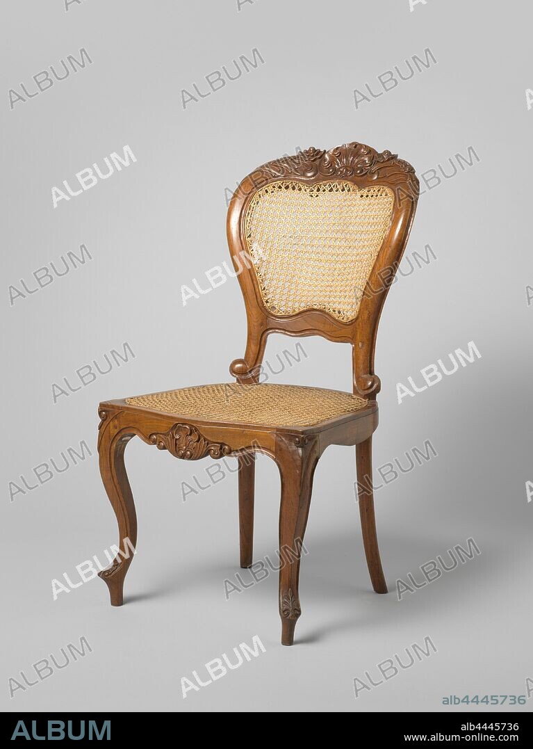 Chair in neo-rococo style of djati wood, seat and backrest covered with reed, Chair in neo-rococo style of djati wood and seat and backrest covered with cane. S-shaped curved front legs and scalloped front line, all cut with leaf motifs. Widening back window with scalloped lower and upper sill that rests on volute-shaped struts and whose crown is carved with flower and leaf motifs., anonymous, Indonesia, 1850 - 1875, wood (plant material), rattan, h 93 cm × w 53 cm × d 50 cm.