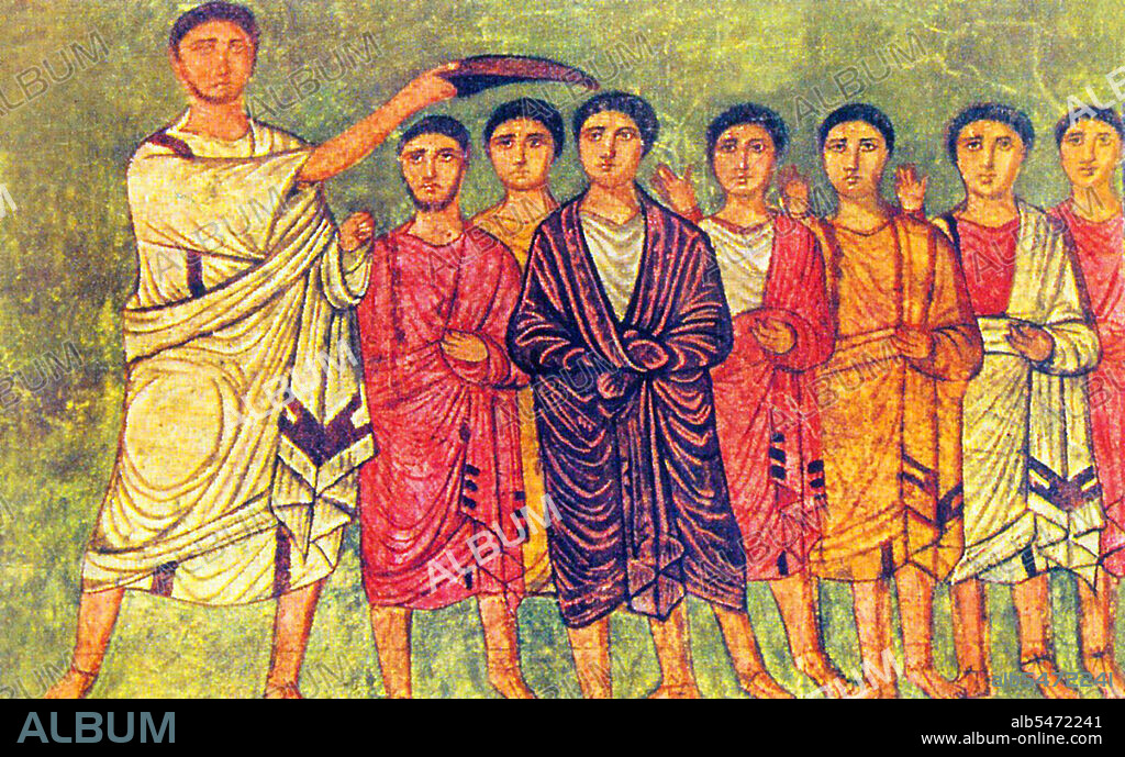 The Dura Europos synagogue is an ancient synagogue uncovered at Dura-Europos, Syria, in 1932. The last phase of construction was dated by an Aramaic inscription to 244 CE, making it one of the oldest synagogues in the world. It is unique among the many ancient synagogues that have emerged from archaeological digs as it was preserved virtually intact, and it has extensive figurative wall-paintings. These frescoes are now displayed in the National Museum of Damascus.