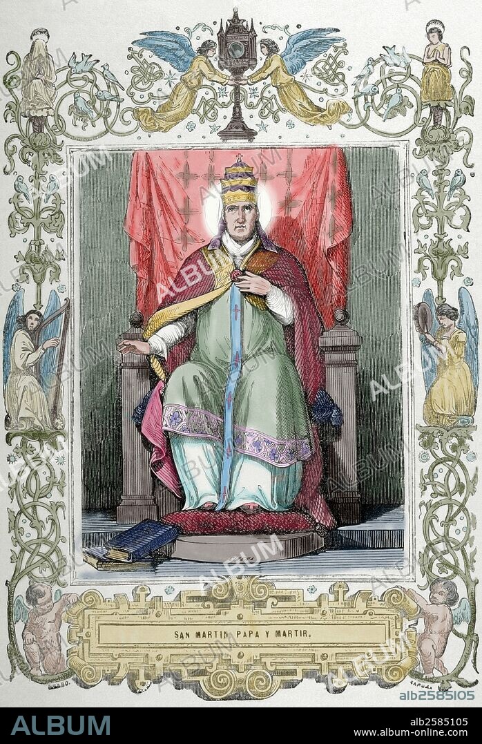 MARTIN I (m.655). Papa número 74 de la Iglesia Católica de 649-655. Mártir. Grabado de Cibera. "Año Cristiano", 1853. Coloreado.