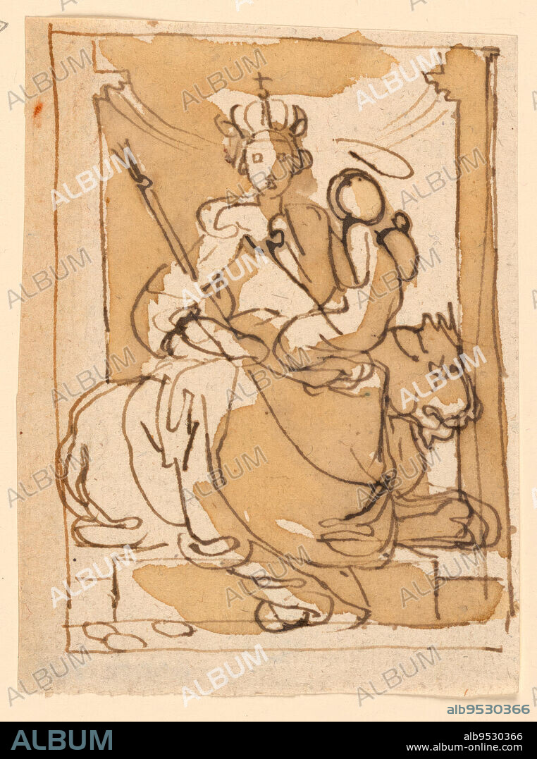 FORTUNATO DURANTI. The Virgin sits in a niche, upon a lion, turned toward the right .She is in royal attire with crown, mace, and globe. The child, seen from the left, kneels in her lap, his head turned toward her. Date: 1800-1825. Brush and dark brown and sepia wash on paper.