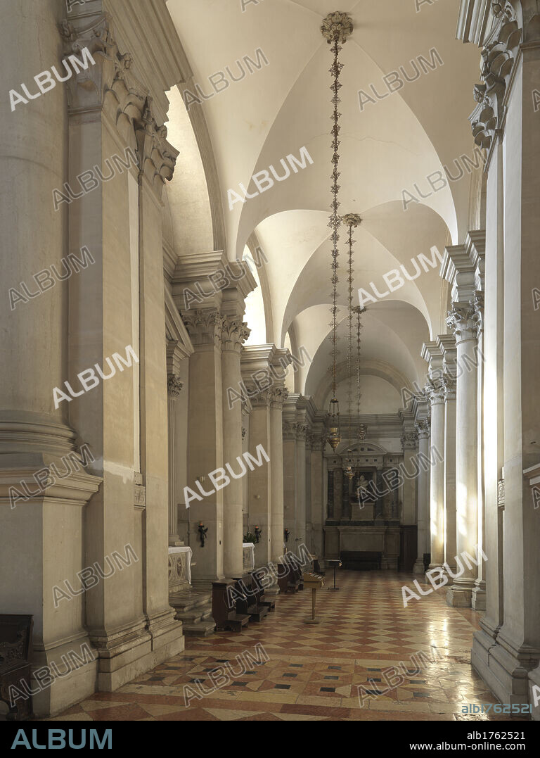 Church of San Giorgio Maggiore, Venice, by Andrea di Pietro della Gondola known as Palladio, 1565, 16th Century,. Italy, Veneto, Venice, San Giorgio Island. Detail. Interior aisle column pilaster anta vault floor marble, 2009 photograph.
