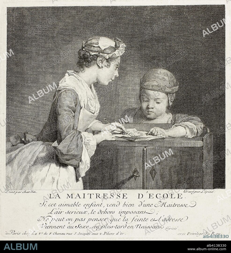 FRANÇOIS BERNARD LÉPICIÉ. School Mistress. François Bernard Lépicié (French, 1698-1755); after Jean Baptiste Siméon Chardin (French, 1699-1779). Date: 1735-1745. Dimensions: 168 × 201 mm (image); 217 × 210 mm (image/plate); 385 × 285 mm (sheet). Engraving in black on ivory laid paper. Origin: France.