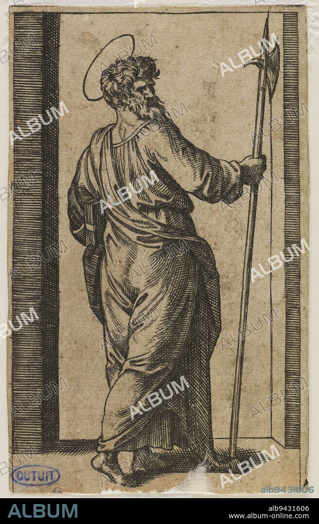 Jesus Christ and the apostles, Saint Judas Thaddeus. Eleventh number of a suite of 13 pieces, part 1), page 165), Raimondi, Marc Antoine, Engraver, 16th century, Graphic Art, Print, Original Etching, Etching, Burin, Height: 8.3 cm, Width: 5 cm.