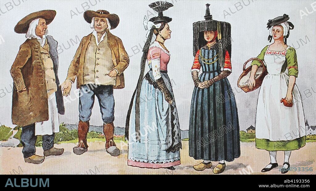 Fashion, clothes, folk costumes in France, around 19th century, from left, old farmer from Courpiere, Auvergne, old farmer from the area of Clermont-Ferrand, lower Auvergne, a woman from Macon in festival dress, Burgundy, a woman from the former Grafschft La Bresse, Burgundy, a housekeeper from the area of Macon, digital improved reproduction from an original from the year 1900.