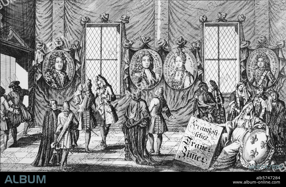 Louis, duc de Bourgogne (petit-fils de Louis XIV; fils de Louis, Grand Dauphin, et de Marie-Anne Christine de Bavière; Versailles 6.8.1682 - id. 18.2.1712. Représentation allégorique de la mort du duc de Bourgogne (18.2.1712) et de son épouse Marie-Adélaïde de Savoie (12.2.1712). Gravure sur cuivre, anonyme. Paris, Bibliothèque Nationale.