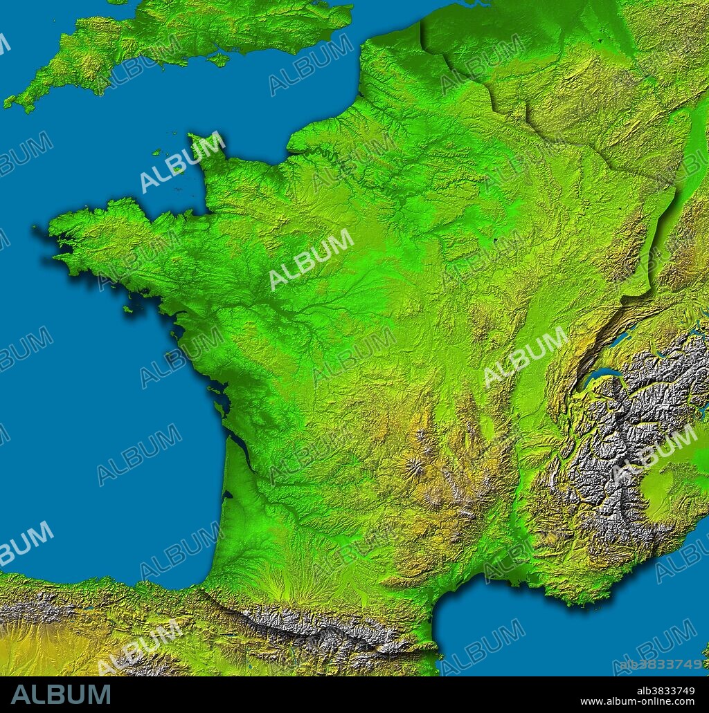 Image of France was generated with data from the SRTM aboard Endeavour. The upper central part of this scene is dominated by the Paris Basin, which consists of a layered sequence of sedimentary rocks. Fertile soils over much of the area make good agricultural land. The Normandie coast to the upper left is characterized by high, chalk cliffs, while the Brittany coast is highly indented where deep valleys were drowned by the sea, and the Biscay coast to the southwest is marked by flat, sandy beaches The Pyrenees form a natural border between France and Spain, and the south-central part of the country is dominated by the ancient Massif Central. Subject to volcanism that has only subsided in the last 10,000 years, these central mountains are separated from the Alps by the north-south trending Rhone River Basin. Color coding is directly related to topographic height, with green at the lower elevations, rising through yellow and tan, to white at the highest elevations.