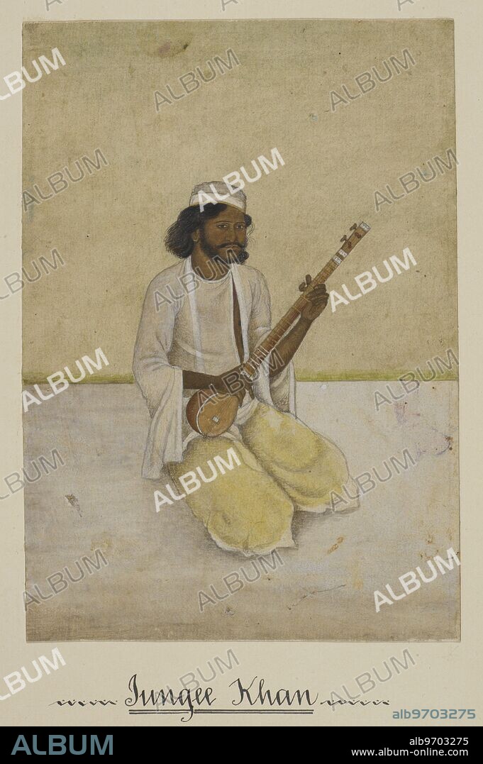 Portrait of a seated musician, Jangi Khan, with his sitar. Inscribed: 'Jungee Khan'.