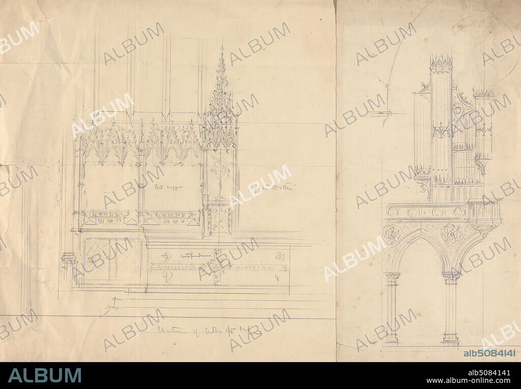Designs for a Gothic Church Altar and Organ, Augustus Welby Northmore Pugin, 18121852, British, and Augustus Charles Pugin, 17621832, French, undated, Graphite on medium, slightly textured, cream wove paper, Sheet: 12 × 17 3/4 inches (30.5 × 45.1 cm), altar, architectural subject, architecture, church, design, Gothic (Medieval), organ.
