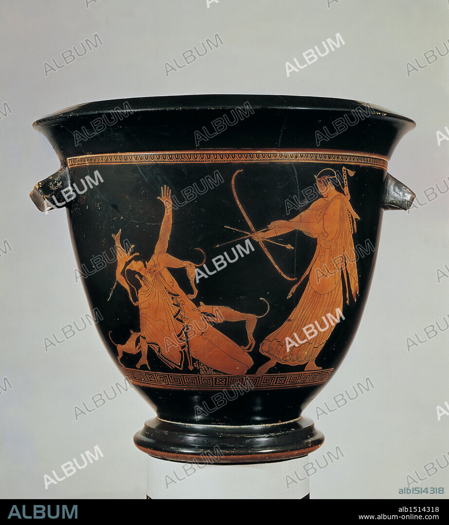 Greek civilization, 5th century b.C. Red-figure pottery. Attic krater by 'the Pan Painter' depicting Artemis piercing Actaeon.