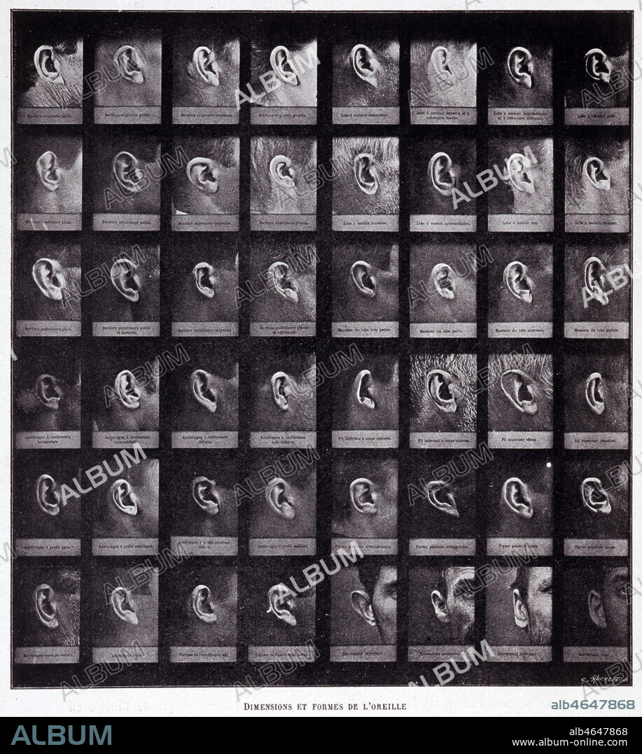 'Dimensions et formes de l'oreille', selon la methode BERTILLON (1853-1914). Illustration tiree du Catalogue des objets composant la salle de l'anthropometrie judiciaire a l'exposition universelle de 1900. Credit : Collection KHARBINE-TAPABOR.