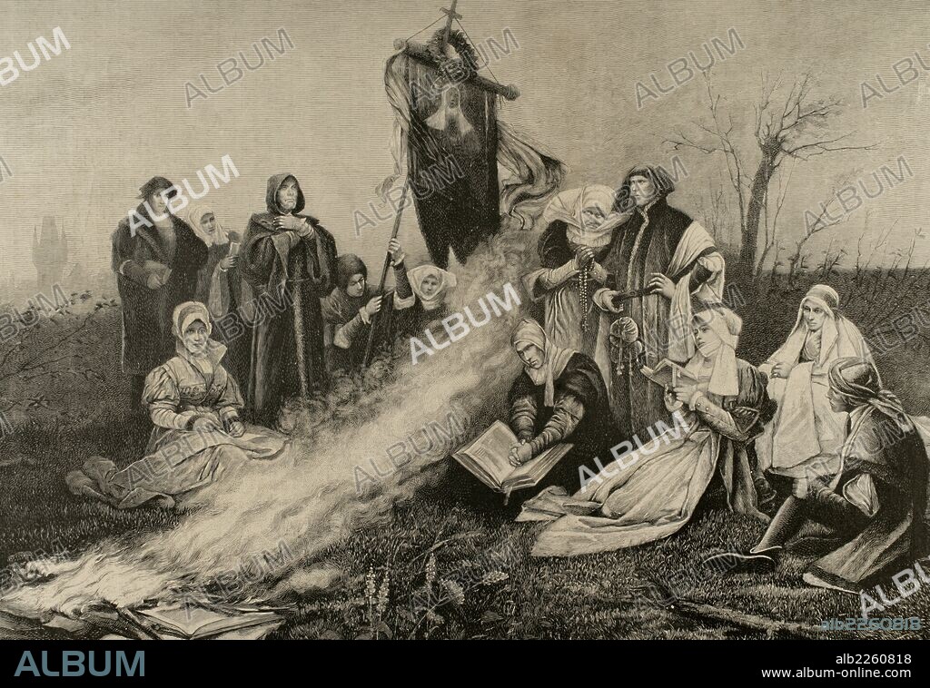 Movimiento lolardo o wyclifista. Movimiento político religioso de finales del siglo XIV e inicios del XV en Inglaterra. Precursor de la Reforma. Uno de sus objetivos era la reforma de la iglesia. Grabado de una pintura de J. Schikaneder "Los Lolardos". "Ilustración Artística".