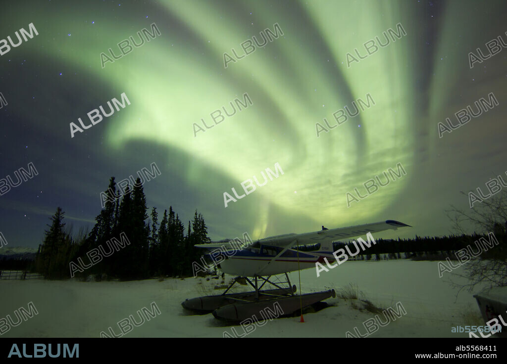 Aurora borealis with float plane, Whitehorse, Yukon, Canada.