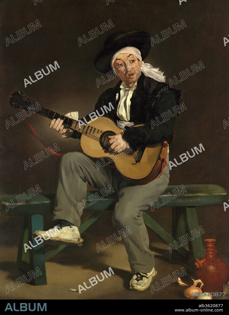 EDOUARD MANET. The Spanish Singer. Artist: Édouard Manet (French, Paris 1832-1883 Paris). Dimensions: 58 x 45 in. (147.3 x 114.3 cm). Date: 1860.
This painting, which reflects the Parisian vogue for Spanish art and culture during the Second Empire, won Manet his first popular and critical success in his debut at the Salon of 1861. Though the picture was admired for its realistic detail, Manet did not disguise the fact that it was composed in a studio using a model and props. The left-handed singer holds a guitar strung for a right-handed player, and his fingering suggests that he was unfamiliar with the instrument. His outfit was fashioned from costumes that Manet kept on hand; several accessories reappear in paintings in this gallery.