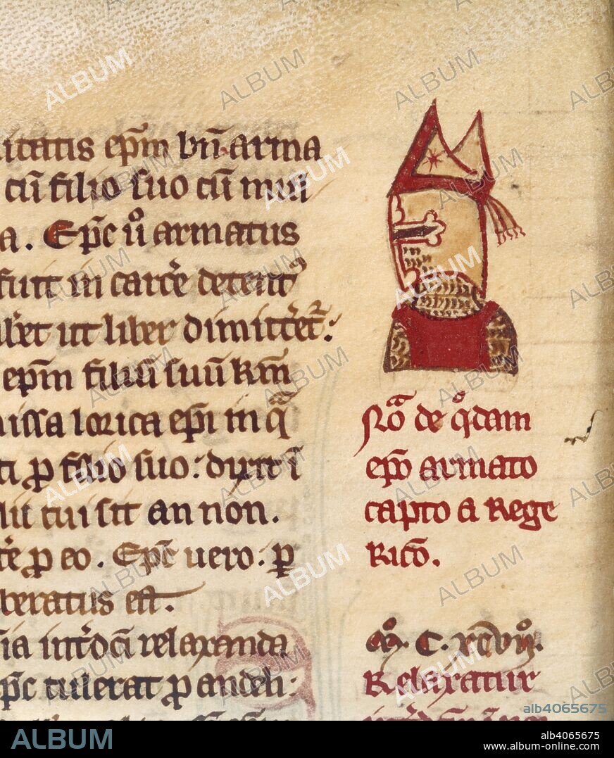 An armoured bishop. Chronica Roffense [Flores Historiarum made at Roch. England (Rochester); early 14th century. (Miniature and text) Marginal drawing of the head of a bishop in armour, with helmet and mitre; marking the description of the capture of Phillip de Dreux, bishop of Beauvais, and others, in 1196.  Image taken from Chronica Roffense [Flores Historiarum made at Rochester].  Originally published/produced in England (Rochester); early 14th century. . Source: Cotton Nero D. II, f.121v. Language: Latin.