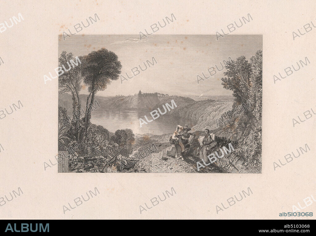 Lake of Albano, Robert Wallis, 17941878, British, after Joseph Mallord William Turner, 17751851, British, 1828, Line engraving, Early proof on moderately thick, slightly textured, cream, wove paper, with cream, chine colle, Sheet: 9 × 11 1/2 inches (22.9 × 29.2 cm), Plate: 6 1/16 × 8 9/16 inches (15.4 × 21.7 cm), Chine collé: 5 7/8 × 8 1/4 inches (14.9 × 21 cm), and Image: 3 5/8 × 5 1/4 inches (9.2 × 13.3 cm).