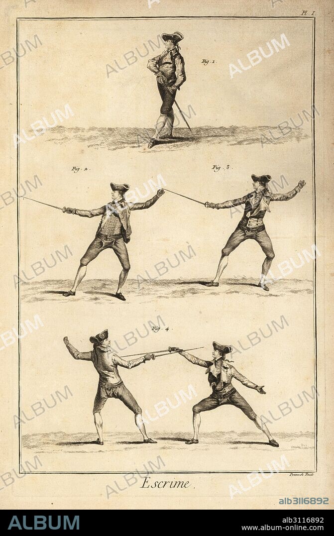 First position to draw a sword, guard positions in carte and tierce, and fencers in inside guard/thrust positions. Copperplate engraving by Robert Benard from the Escrime fencing section of Denis Diderot's Encyclopedia, Pellet, Geneva, 1779.