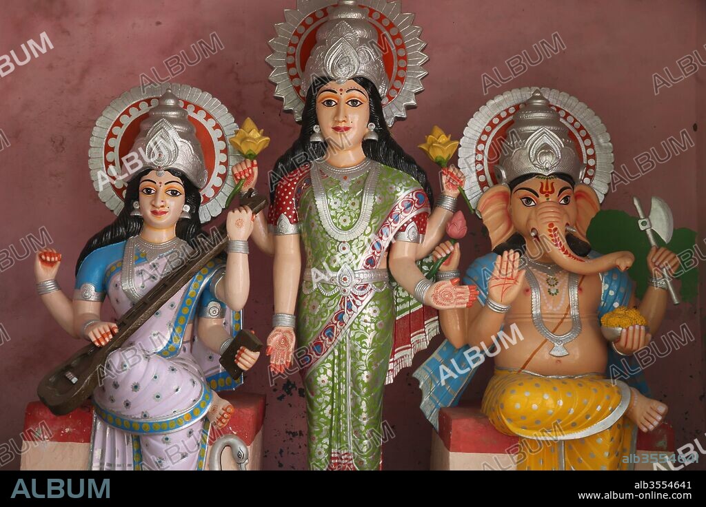 Saraswati, Laxmi and Ganesh Murthis in Goverdan. India.
