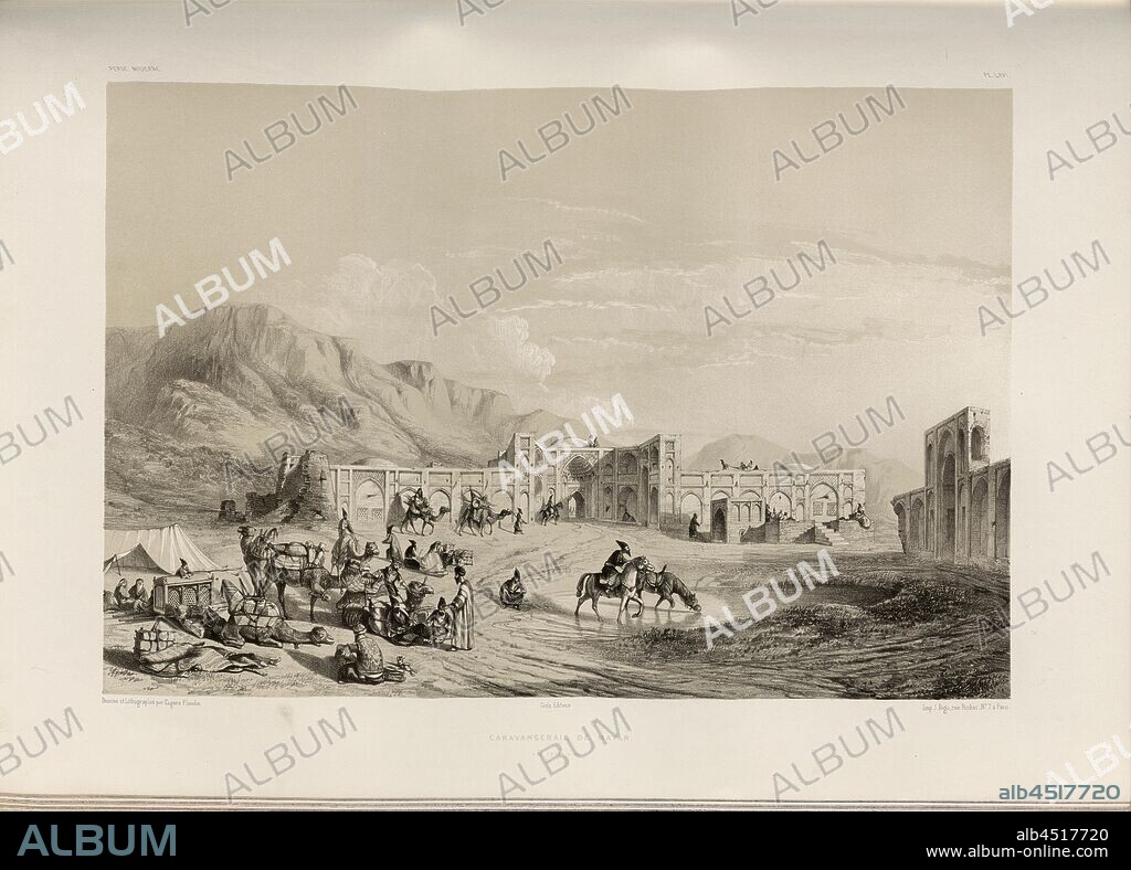 Caravanserail de Mayar view from above, Caravansary in Mahyar near Isfahan (Iran), Signed: Dessiné & Lithographié par Eugène Flandin; Gide Editeur; Lith. De Thierry frères, Pl. LXVI, Flandin, Eugène (dess. et lith.); Thierry frères (imp.); Gide et Cie. (ed.), 1851, Eugène Flandin; Pascal Xavier Coste: Voyage en Perse pendant les années 1840 et 1841. Paris: Gide et Jule Baudry, MDCCCLI.