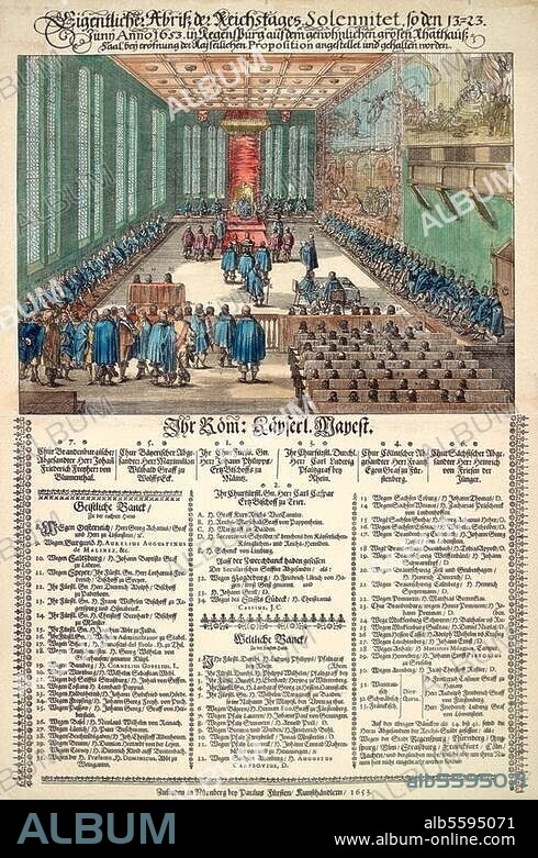 Meeting of the Imperial Diet at the Regensburg townhall held by Emperor Ferdinands III from 13 - 23 June 1653. Contemporary pamphlet, coloured. Nuremberg, Paul Fürst, 1653.
