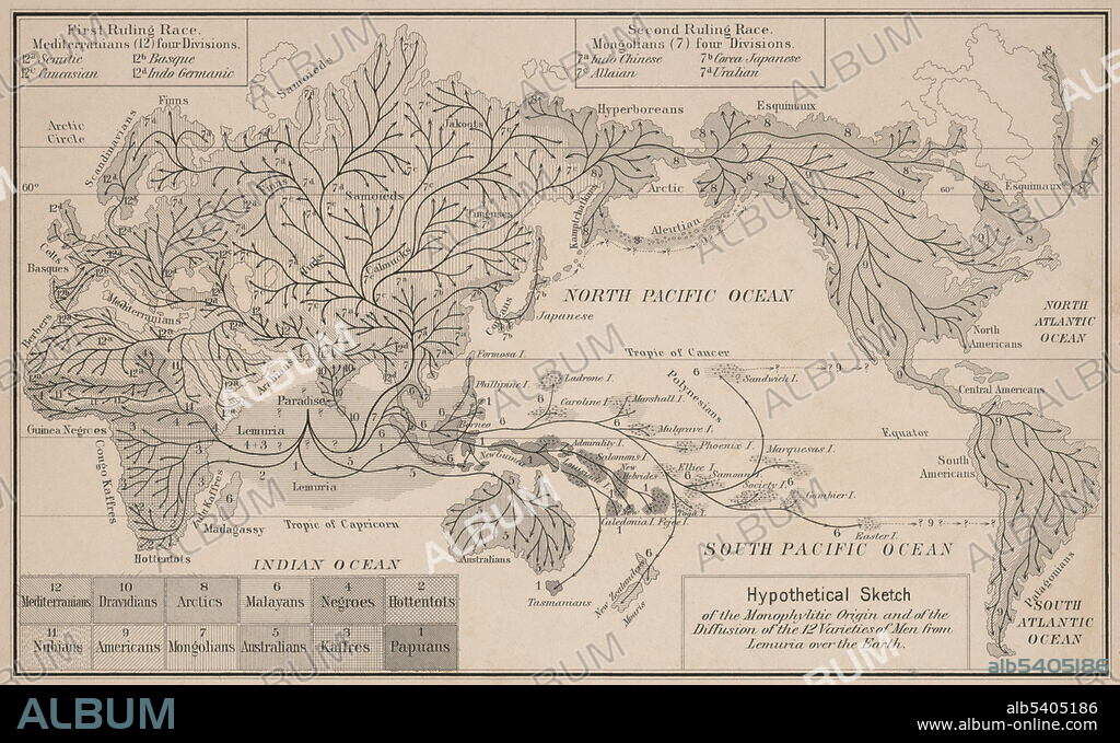 Map showing humans originating on the hypothetical lost continent of Lemuria. This map is a version of an illustration from Ernst Haeckel's The History of Creation 1876. While Darwin correctly suspected an African origin for mankind, Haeckel hypothesized a lost continent of Lemuria from which the various races of mankind had spread. Though there seemed little basis in geology for this supposition, it suited his own racial ideologies and would help him explain the (then) rarity of human fossils (on account of them being lost on a drowned continent). It also helped explain the anomalous distribution of Lemurs (hence the name) in the seemingly disconnected realms of Africa, Madagascar, India and Asia. We now have many early hominid fossils from Africa and explain lemur distributions with continental drift. The print shows a map of earth placing the origins of human beings at "Paradise" on the sunken continent of "Lemuria" in the Indian Ocean between the Tropic of Cancer and the Tropic of Capricorn, and showing the migration routes across the entire globe; the extent of the routes are indicated by shading and numbers which correspond to a key in the lower left corner, with additional keys across the top, identifying the "First Ruling Race" and the "Second Ruling Race".