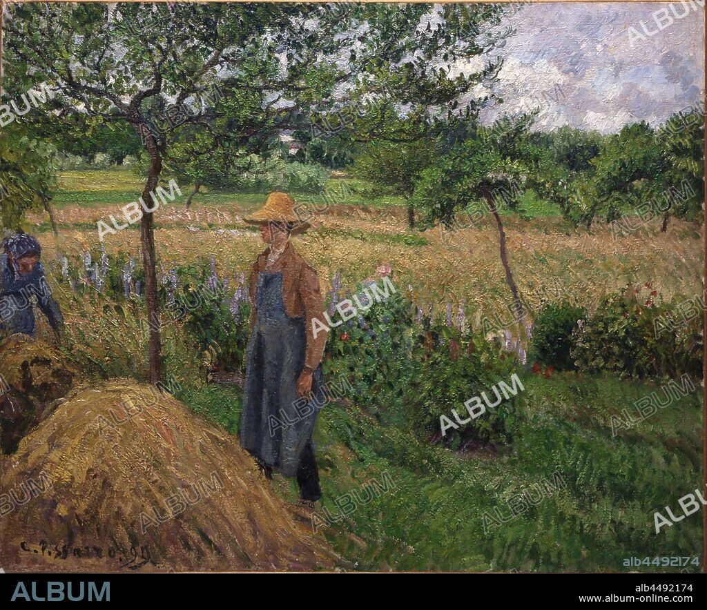CAMILLE PISSARRO. Gardener standing by a haystack, overcast sky, Eragny.