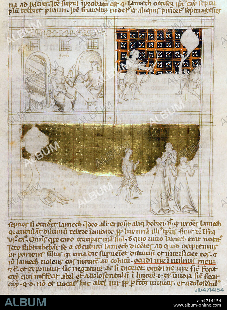 Tubal-Cain, forgeron. Lemec tue un homme. Miniatures incompletement mises en couleurs. Enluminure tiree du 'Postilles' de Nicolas de LIRE, Genese 4, 23, ouvrage du 14eme s. (XIVe, 14e s.). Manuscrit medieval conserve a la bibliotheque municipale d'Arras. Credit : Coll. JeanVigne/KHARBINE-TAPABOR.