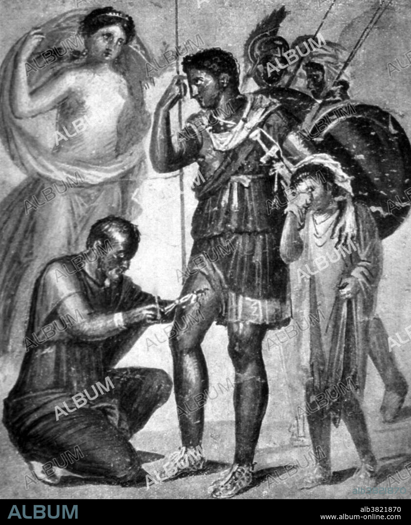Aphrodite (Venus) stands over her wounded son Aeneas. Aeneas leans on his spear while an arrow is removed from his thigh by the physician Iapyx (Iapigius). Beside him stands his weeping son, Ascanius (Iulus, Julus, or Ascanius Julius). From a Roman fresco at Pompeii depicting Virgil's Aeneid. In Greco-Roman mythology, Aeneas, Prince of Troy, was a Trojan hero, the son of the prince Anchises and the goddess Aphrodite who frequently comes to his aid on the battlefield. He is a favorite of Apollo. Aphrodite and Apollo rescue Aeneas from combat with Diomedes of Argos, who nearly kills him, and carry him away to Pergamos for healing. The journey of Aeneas from Troy which led to the founding of a hamlet south of Rome, is recounted in Virgil's Aeneid. He is an important figure in Greek and Roman legend.