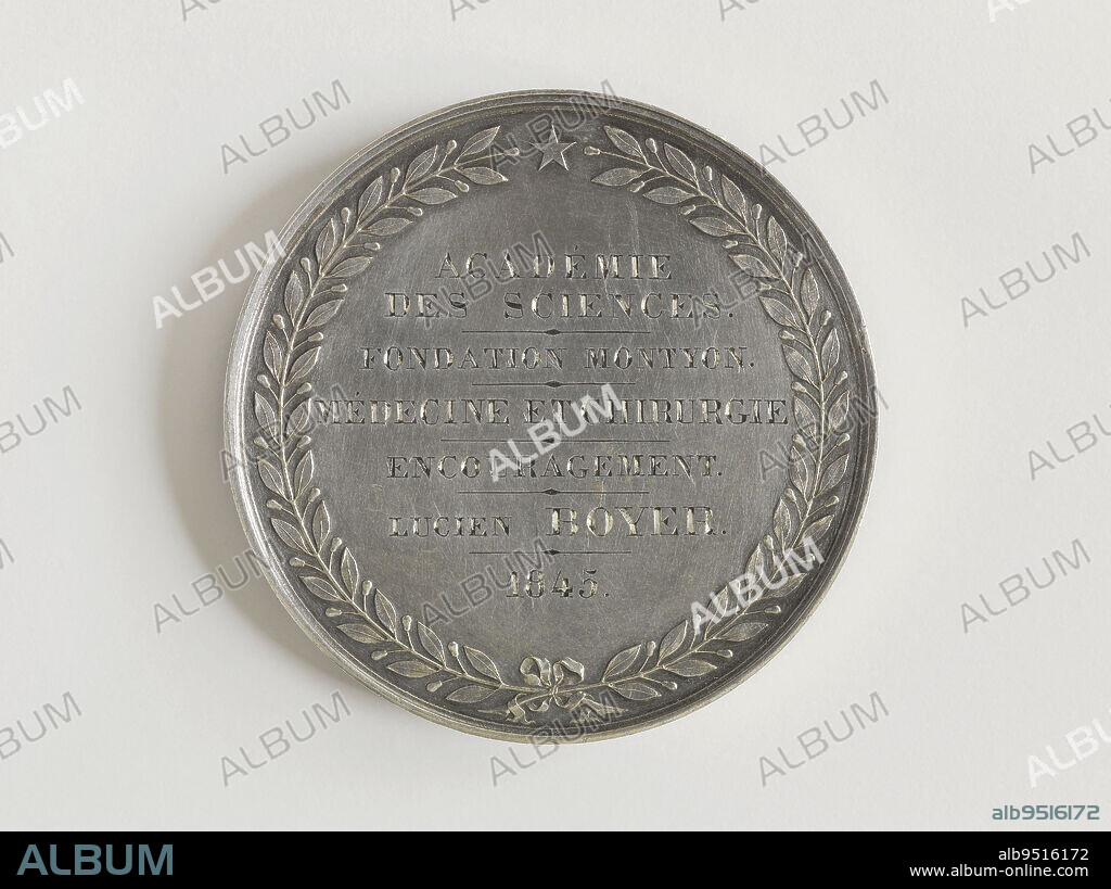 Montyon Foundation Prize (medicine and surgery) awarded by the Academy of Sciences to Lucien Boyer, doctor, 1845, Dumarest, Rambert, Engraver in medals, In 1845, Numismatics, Medal, Dimensions - Work: Diameter: 5 cm, Weight (type dimension): 63.4 g.