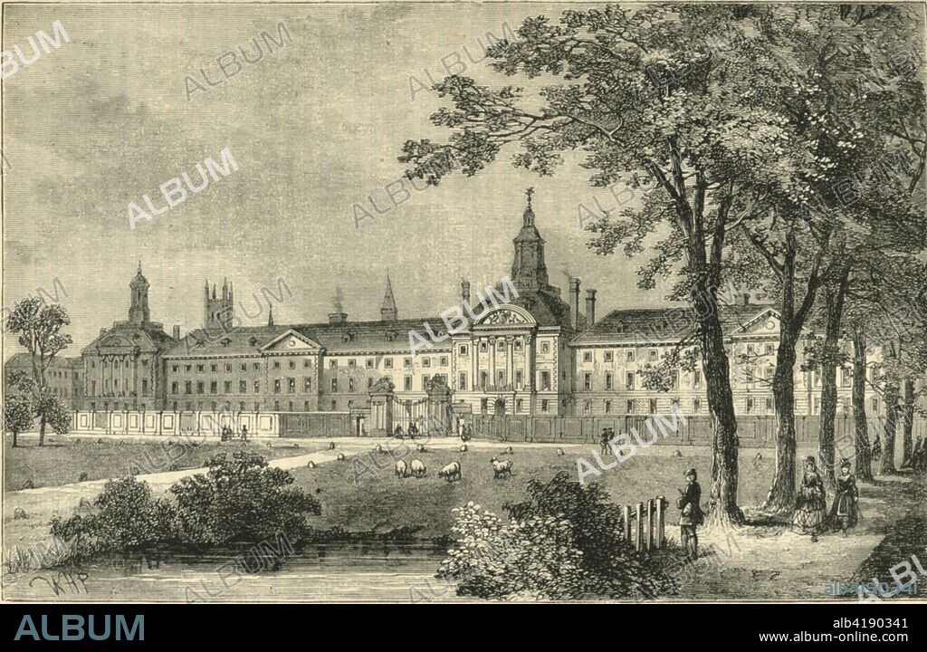 'Old Bethlehem Hospital, Moorfields about 1750', (c1872). View of the Bethlem Royal Hospital, a psychiatric hospital in London dating back to the 13th century. The building at Moorfields (seen here), was designed by natural philosopher and City Surveyor Robert Hooke, and constructed between 1675 and 1676. The term 'bedlam' is derived from the hospital's prior nickname, (a corruption of Bethlehem). From Old and New London, Vol. II: A Narrative of Its History, Its People, and Its Places, by Walter Thornbury. [Cassell, Petter, Galpin & Co., London, Paris & New York].