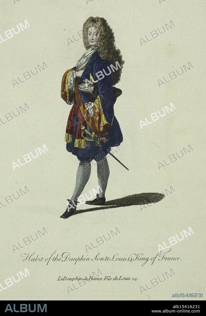 Habit of the dauphin son to Louis XIV King of France., 1757 - 1772, Jeaurat, Edme (1688-1738), Date Issued: 1757 - 1772, Place: London, Publisher: T. Jefferys, Costume, History, Men, Clothing & dress, France, 1600-1699, Louis, Dauphin of France, 1661-1711, Engravings, Hand-colored, Royal son's attire, Genial child of golden throne, Haute couture's pride.
