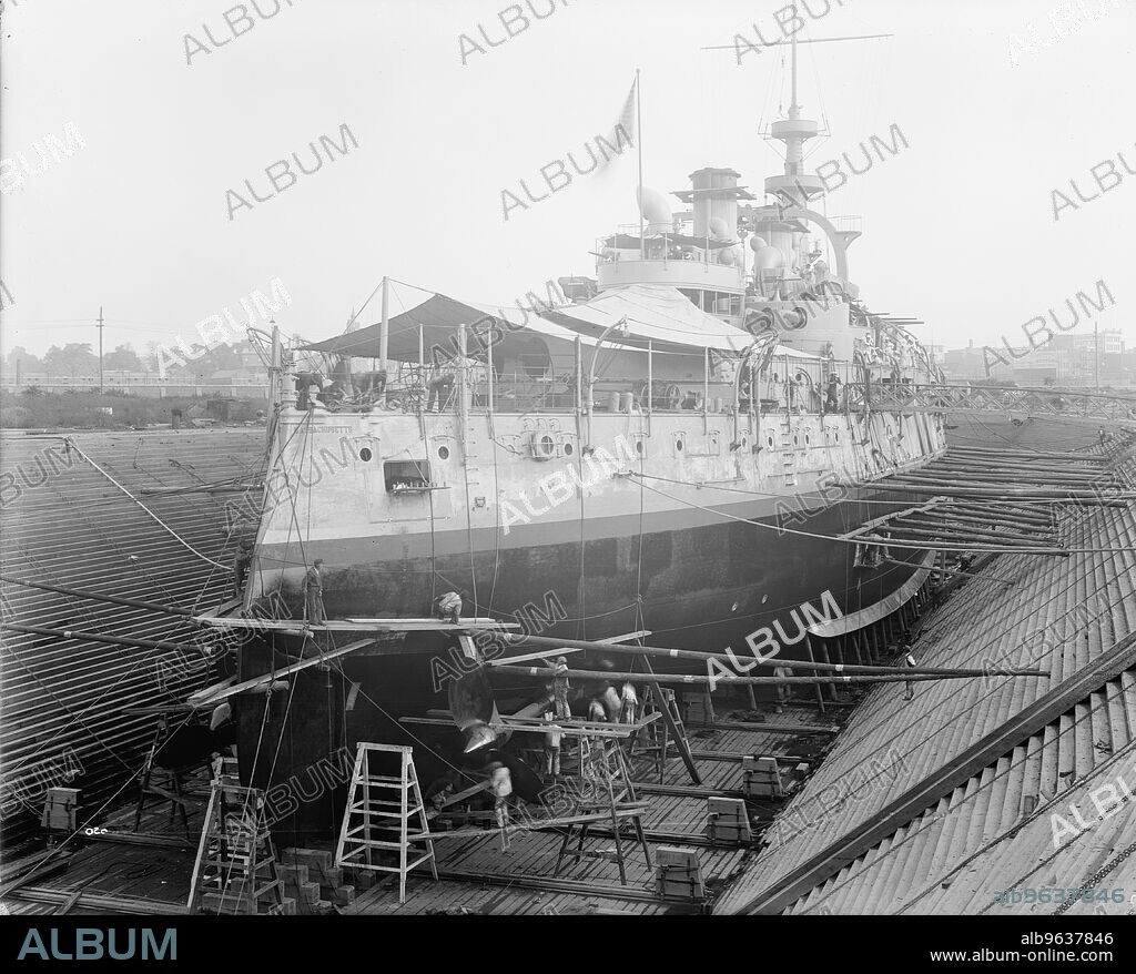 U.S.S. Massachusetts in dry dock, between 1896 and 1901.