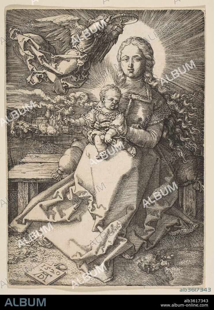 ALBERTO DURERO. Virgin and Child Crowned by an Angel. Artist: Albrecht Dürer (German, Nuremberg 1471-1528 Nuremberg). Dimensions: Sheet: 1 7/16 × 3 7/8 in. (3.7 × 9.8 cm). Date: 1520.