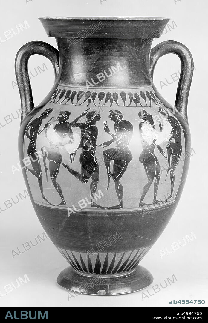 Attic black-figure belly-amphora. Decoration of homo-erotic courting scene with erastai and eromenoi. Attic black-figured belly amphora with images in panels on the front and back. A: three pairs of dancing men, each consisting of an erastes and an eromenos. The erast l. wears a big white rooster, r. a hare is offered as a gift. B:, vase, amphora, belly amphora, earthenware, blackfine, Attic, 30.2 cm, blackfine, Attic 530-520 BC, Italy, Greece.