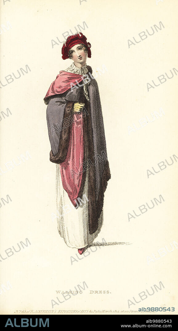Regency woman in cambric robe, double Vandyke lace frill collar, Austrian shawl cloak lined with rose satin, crimson velvet Circassian turban cap and halfboots. Vol. 11. Plate 17, March 1, 1814. Handcoloured copperplate engraving by Thomas Uwins from Rudolph Ackermann's Repository of Arts, Strand, London.