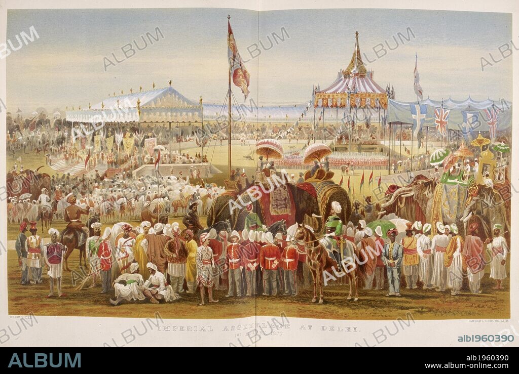 Crowd and procession of elephants at the Delhi Durbar event to celebrate Queen Victoria taking the title Empress of India. January 1st 1877. . The History of the Imperial Assemblage at Delhi. London, [1877]. Source: 9057.i.1 plate 25. Language: English.