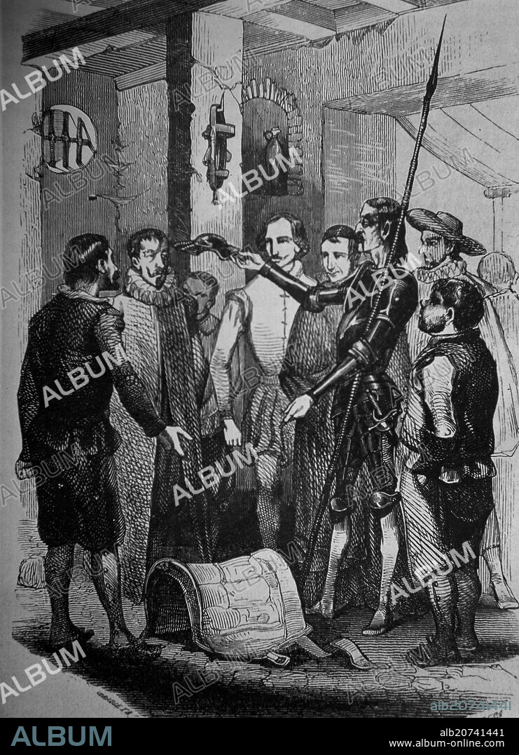 GRABADO-D QUIJOTE DANDO SU FALLO SOBRE EL YELMO DE MAMBRINO.