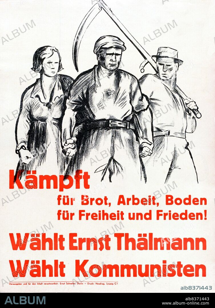 The Communist Party of Germany (German: Kommunistische Partei Deutschlands, KPD) was a major political party in Germany between 1918 and 1933, and a minor party in West Germany in the postwar period until it was banned in 1956. In the 1920s it was called the 'Spartacists', since it was formed from the Spartacus League.<br/><br/>. The poster art of the KPD differs from and in some ways predates Soviet-style Socialist Realism, exhibiting more expressionist and constructivist influences in its simplicity.