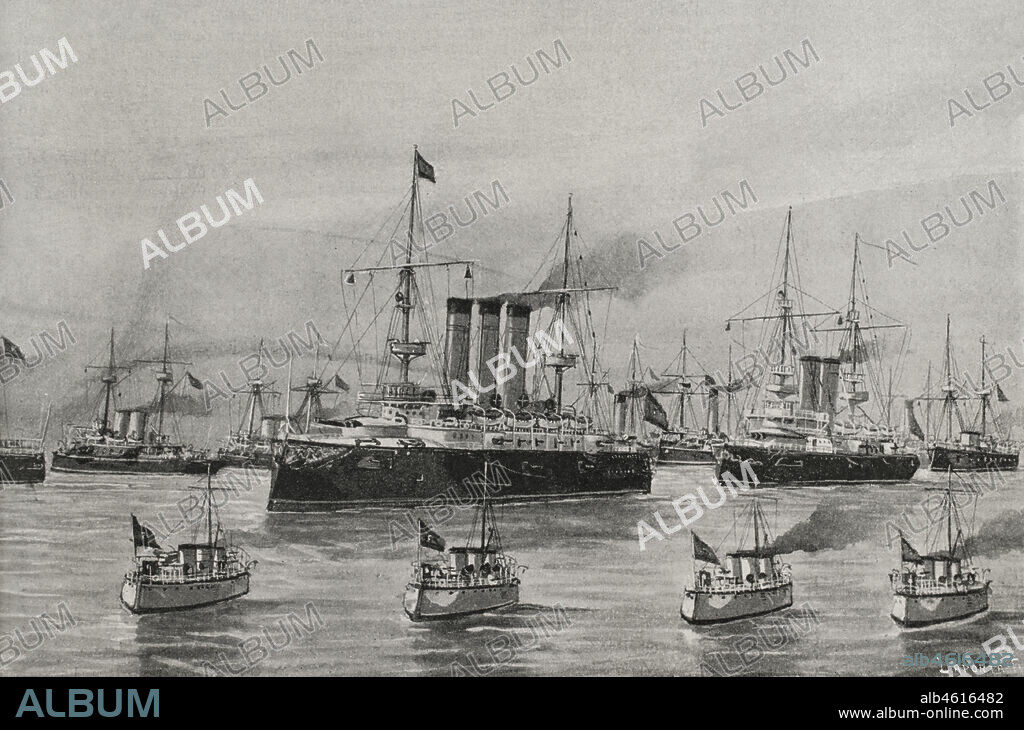 Guerra hispano-estadounidense (1898). Marina de Guerra Española. Cazatorpederos. De izquierda a derecha: Audaz, Osado, Terror y Furor. Fotograbado por Laporta. La Ilustración Española y Americana, 1898.