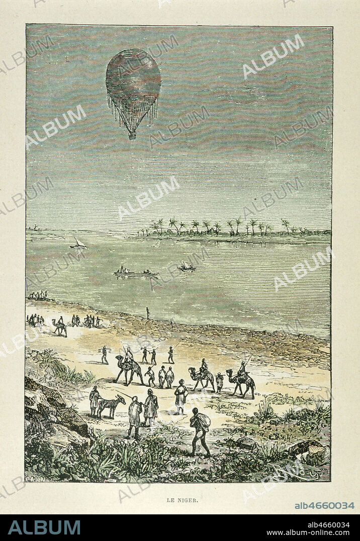 'Cinq semaines en ballon' (1863) premier roman de Jules VERNE (1828-1905) paru aux editions Hetzel. Le Victoria, avec a son bord le docteur Samuel Fergusson, Dick Kennedy et Joe, survole 'le Niger': Illustration de Edouard RIOU (1823-1900). Credit: Coll. Jonas/Kharbine-Tapabor.