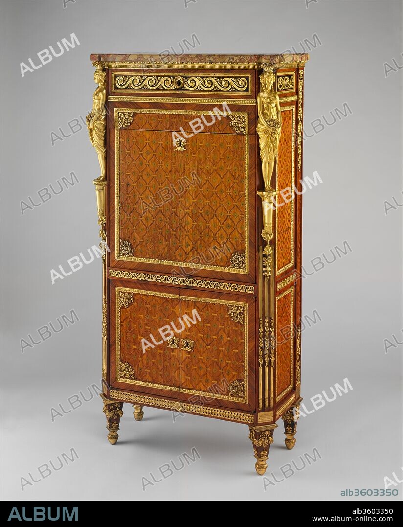 Drop-front secretary (secrétaire à abattant or secrétaire en armoire). Culture: French, Paris. Dimensions: H. 63-1/2 x W. 32 x D. 15 in.  (161.3 x 81.3 x 38.1 cm). Factory director: Under the direction of Jean Hauré (born 1739, active 1774-after 1796). Maker: Guillaume Benneman (active 1785, died 1811); and Michaud; Probably cast by Étienne-Jean Forestier (died 1768, master 1764); Pierre-Auguste Forestier; Chased by Pierre Philippe Thomire (French, Paris 1751-1843 Paris); and Bardin; and Tournay and others; Gilded by Galle. Modeler: Mounts modeled by Louis Simon Boizot (French, Paris 1743-1809 Paris); and Martin, possibly Gilles-François Martin (ca. 1713-1795). Date: 1786-87.
This unusually well documented secretary--known as a secrétaire en armoire because the section below the drop front, or abattant, is fitted as a cupboard (armoire)--beautifully illustrates the collaborative nature of high-quality furniture production in eighteenth-century France. Because of strict guild regulations that enforced  high standards of workmanship and stimulated a high degree of specialization, many different artists were involved in its creation. Intended for Louis XVI's study at the Château de Compiègne, a palatial hunting lodge fifty miles northeast of Paris, this piece was ordered to match an existing commode made by Gilles Joubert for Louis XV in 1770. Jean Hauré (b. 1739), a sculptor and entrepreneur des meubles to the court, supervised the work and engaged the German-born Guillaume Benneman, who had been named king's cabinetmaker in 1785, to execute the frame and the marquetry. The curvilinear latticework pattern of the marquetry was originally enriched with small gilded rosettes.
The gilt-bronze mounts went through the hands of many different artists and craftsmen (listed above) during successive modeling, casting, chasing, burnishing, and mercury-gilding procedures. Jean-Pierre Lanfant supplied the original top of dark red Italian griotte marble, which has since been replaced. The detailed receipts for the work also record payments for leather to cover the writing surface and for the gilt tooling of its edges, as well as for the services of a locksmith. Although this secretary was supposed to match a nearly twenty-year-old commode, the mounts, especially the large caryatids--veritable sculptures in their own right--and the interior--veneered with mahogany--are expressions of the latest Neoclassical taste.
