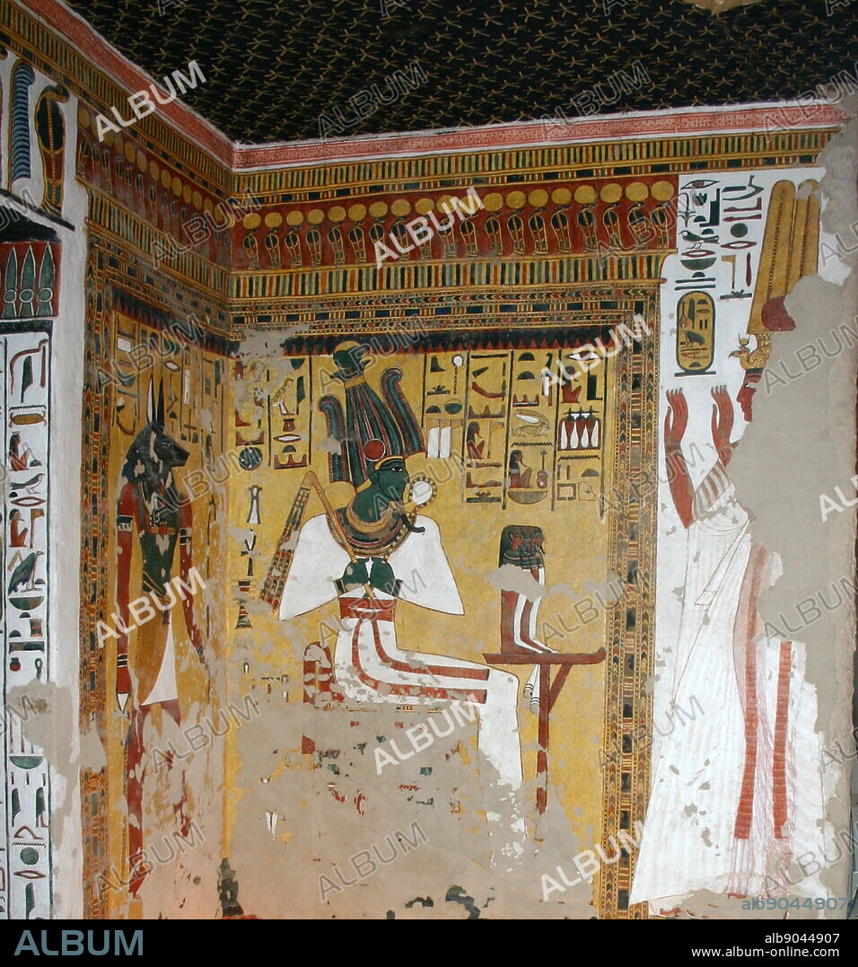 The God Osiris depicted in a wall Painting, Inside the tomb (QV66) of Nefertari, in Egypt's Valley of the Queens. It was discovered by Ernesto Schiaparelli in 1904. It is called the Sistine Chapel of Ancient Egypt. In the Valley of the Queens, Nefertari's tomb once held the mummified body and representative symbolisms of her, like what most Egyptian tombs consisted of. Now, everything had been looted except for two thirds of the 5,200 square feet of wall paintings. ca. 1255 BC.