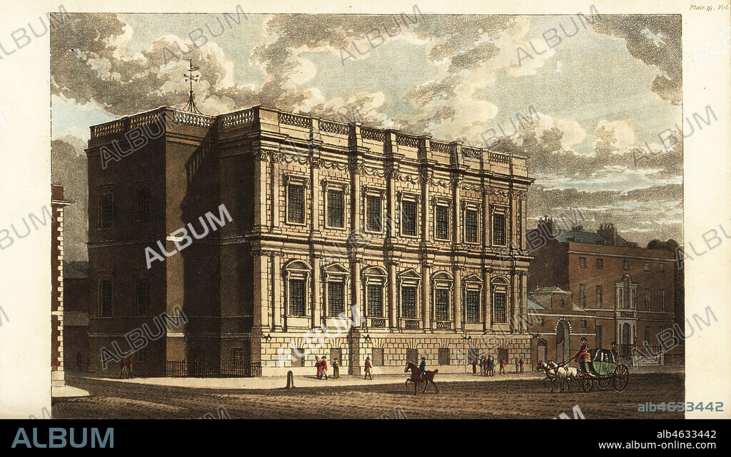 The Banqueting House, Whitehall, London. Designed by the architect Inigo Jones in the Palladian style with Corinthian and Ionic columns below a balustrade. Handcoloured copperplate engraving from Rudolph Ackermanns Repository of Arts, London, 1816.