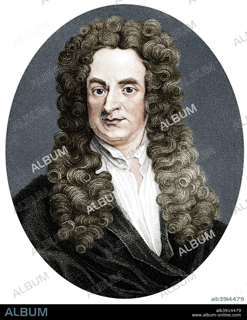 Isaac Newton, English mathematician, astronomer and physicist, (1818). Newton's (1643-1727) discoveries were prolific and exerted a huge influence on science and thought. His theories of gravity and his three laws of motion were outlined in his greatest work, Philosophiae Naturalis Principia Mathematica, (1687) and he is credited with discovering differential calculus. He also formulated theories regarding optics and the nature of light that led to him building the first reflecting telescope. Knighted by Queen Anne in 1705, Newton is buried in Westminster Abbey, London. (Colorised black and white print).