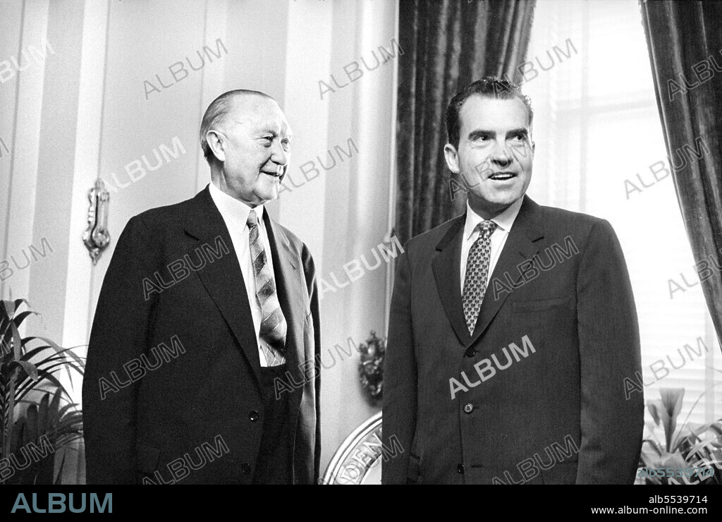 West German Chancellor Konrad Adenauer with U.S. Vice President Richard Nixon at the White House, Washington, D.C., USA, Marion S. Trikosko, US News & World Report Magazine Collection, May 28, 1959.