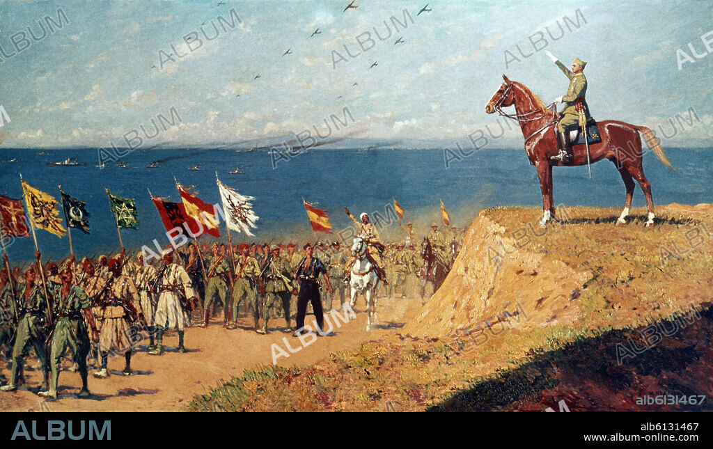 ALEGORIA DEL GENERALISIMO FRANCO COMO JEFE DE LOS EJERCITOS DE TIERRA MAR Y AIRE - SIGLO XX.