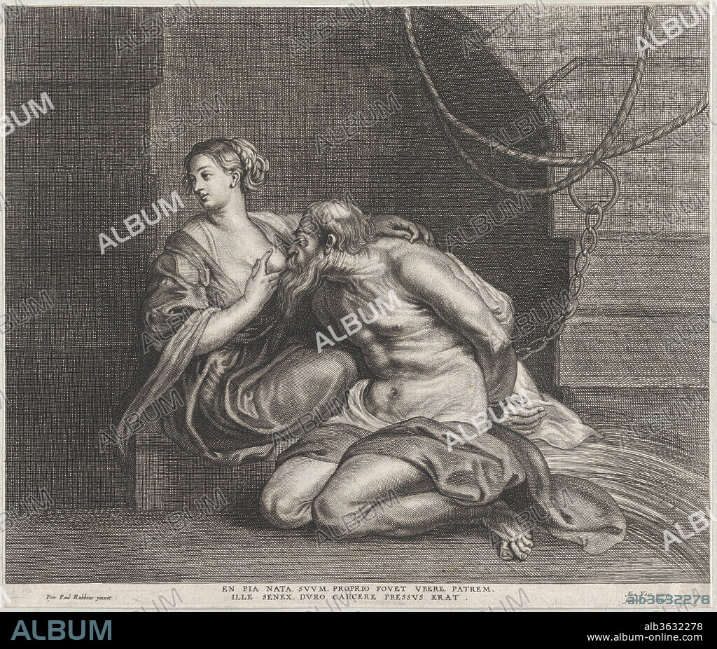 Cimon and Pero. Artist: After Peter Paul Rubens (Flemish, Siegen 1577-1640 Antwerp). Artist and publisher: Alexander Voet II (Flemish, Antwerp ca. 1635-after 1695 Ghent). Dimensions: Sheet (Trimmed): 10 11/16 × 12 1/2 in. (27.1 × 31.7 cm). Date: ca. 1650-90.