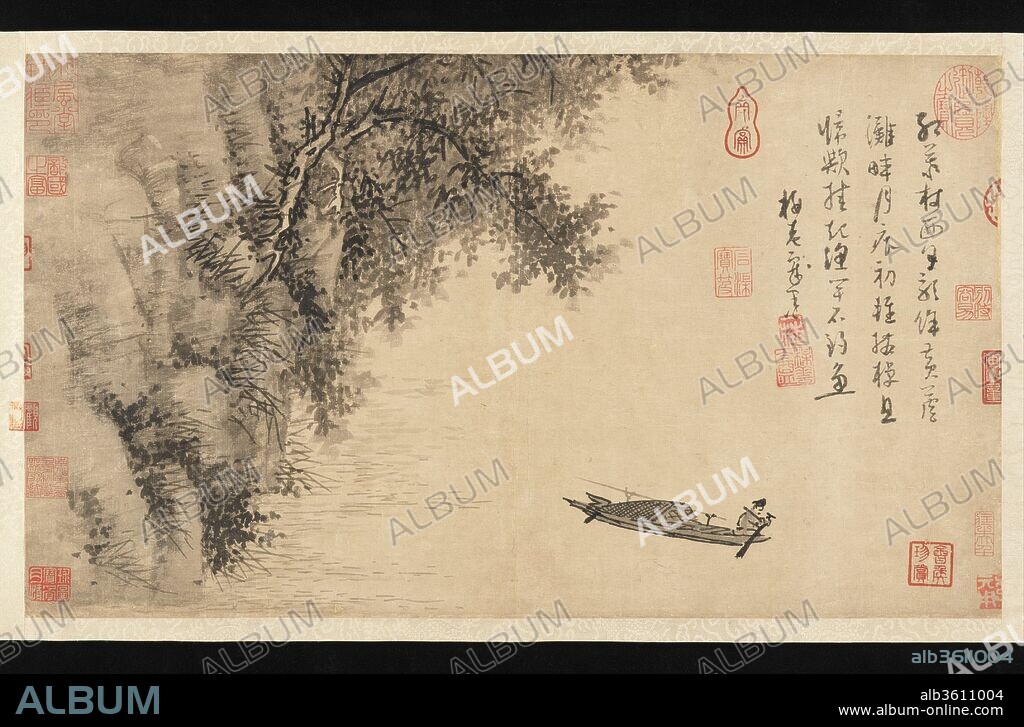 Fisherman. Artist: Wu Zhen (Chinese, 1280-1354). Calligrapher: Wu Zhen (Chinese, 1280-1354). Culture: China. Dimensions: Image: 12 1/4 x 21 3/16 in. (31.1 x 53.8 cm)
Overall with mounting: 13 1/4 x 136 1/2 in. (33.7 x 346.7 cm). Date: ca. 1350.
Wu Zhen lived the life of a recluse. He was never very famous or successful during his lifetime, but in the Ming period he came to be designated one of the Four Great Masters of the late Yuan dynasty and his style was favored by many Ming painters, most notably Shen Zhou (1427-1509). Wu was fond of doing "ink-plays," and his drawing shows a cartoonlike simplicity and directness. Accompanying the hermit-fisherman, a symbol of the late Yuan unemployed scholar, Wu Zhen's poetic colophon reads:
Red leaves west of the village reflect evening rays,
Yellow reeds on a sandy bank cast early moon shadows.
Lightly stirring his oar,
Thinking of returning home,
He puts aside his fishing pole, and will catch 
no more.
