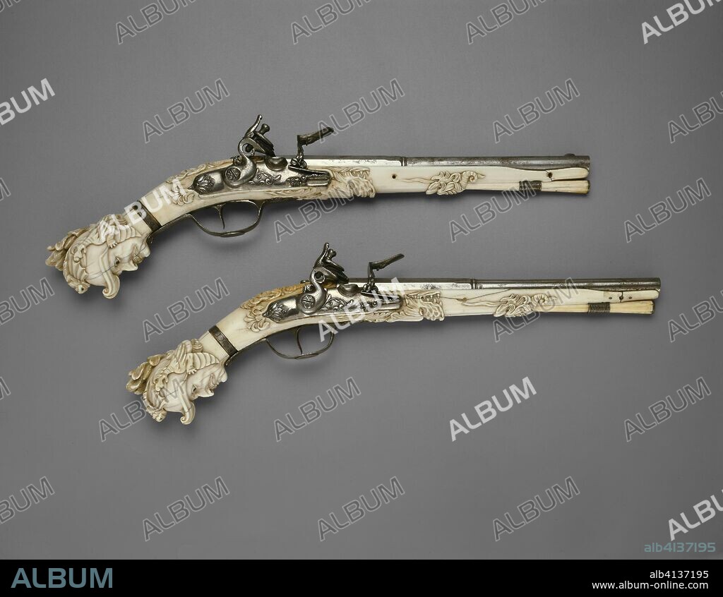 Pair of Flintlock Pistols. Dutch, Maastricht. Date: 1655-1670. Dimensions: L. 45.6 cm (17 15/16 in.). Steel, silver, ivory, ebony, leather, and flint. Origin: Maastricht.